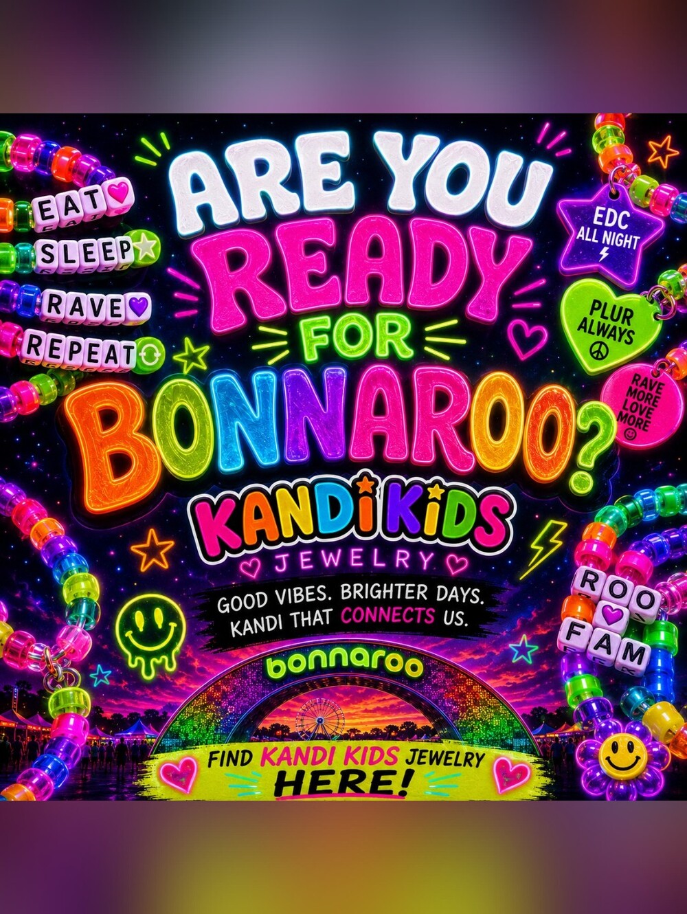 Kandi Kids jewelry Neon rainbow glow black light Festival Bonnaroo ad